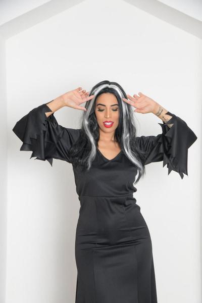 Imagem de Fantasia Morticia Addams Completa Cosplay Bruxa Morgana Feiticeira Vestido Halloween Festa Dia das Bruxas Noites Terror