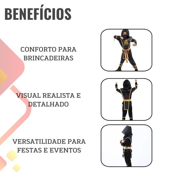 Imagem de Fantasia Ninja Preto e Dourado Infantil com Acessórios