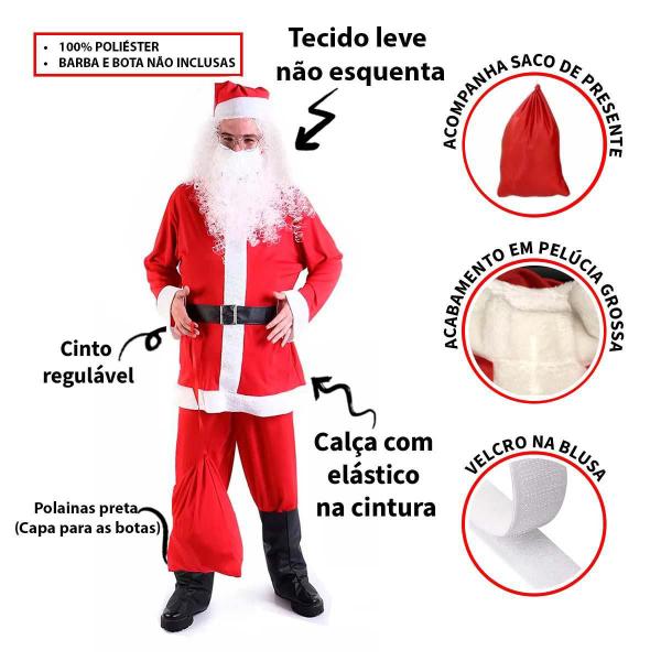 Imagem de Fantasia Papai Noel Profissional Roupa Luxuosa Com Saco Sobre Botas Cinto e Gorro