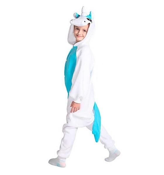 Imagem de Fantasia Pijama Macacão de Unicórnio Kigurumi Infantil Branco e Azul Com Capuz