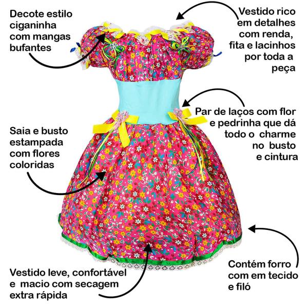 Imagem de Fantasia São João Vestido Festa Junina Menina Caipira Floral