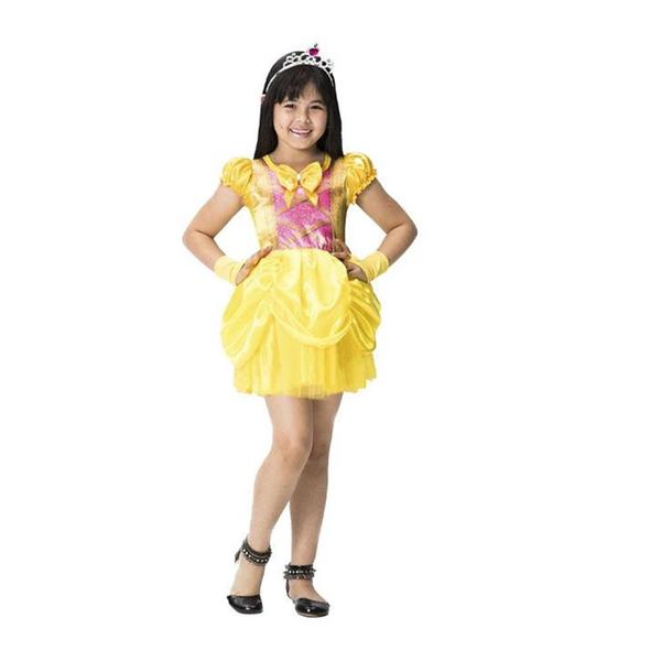 Imagem de Fantasia Vestido Bela Super Luxo com Luvas e Coroa Infantil Menina Linda Amarelo