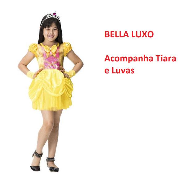 Imagem de Fantasia Vestido Bela Super Luxo com Luvas e Coroa Infantil Menina Linda Amarelo