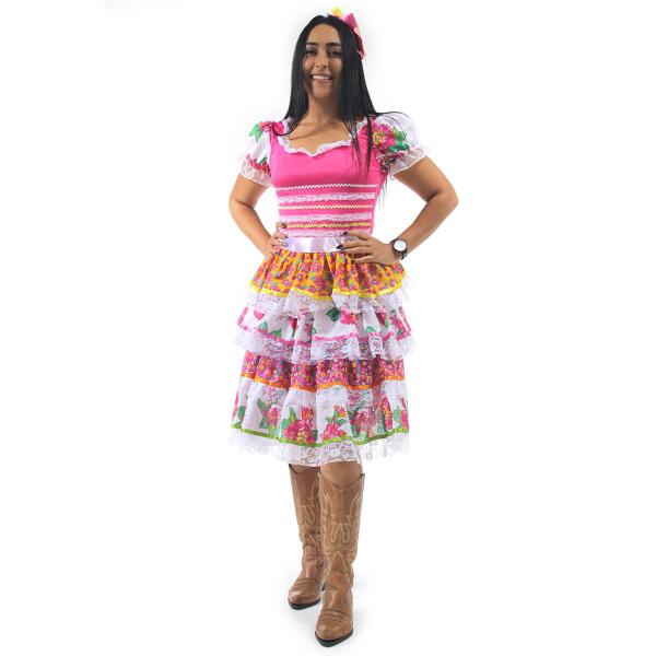 Imagem de Fantasia Vestido Caipira Babados Flores Adulto com Tiara - Festa Junina