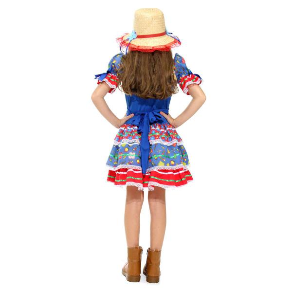 Imagem de Fantasia Vestido Caipira Babados Luxo Azul com Chapéu - Festa Junina