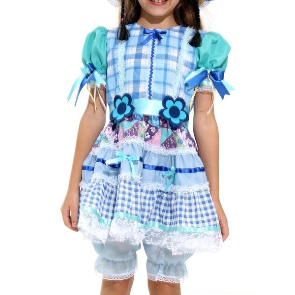 Imagem de Fantasia Vestido Caipira Flor Azul com Culote e Chapéu Infantil - Festa Junina