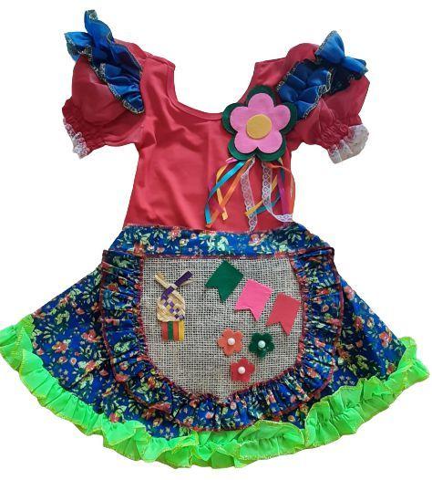 Imagem de Fantasia vestido caipira flor festa junina infantil 3 peças