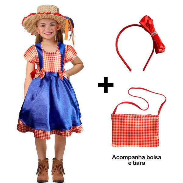 Imagem de Fantasia Vestido Festa Junina Bebê Menina Com Bolsa e Tiara