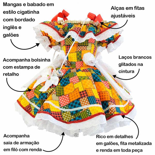 Imagem de Fantasia Vestido Festa Junina Para Bebê Menina Com Bolsinha