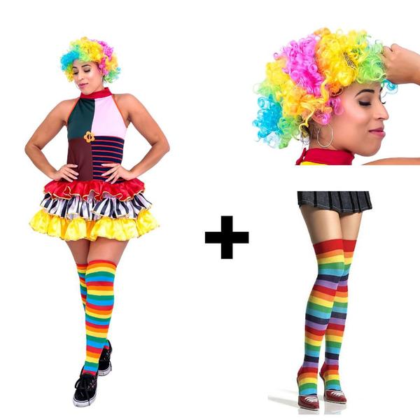 Imagem de Fantasia Vestido Palhaça Kit Completo Adulto Feminina Carnaval Halloween Terror Festa Circo Palhacinha Engraçada Moderna