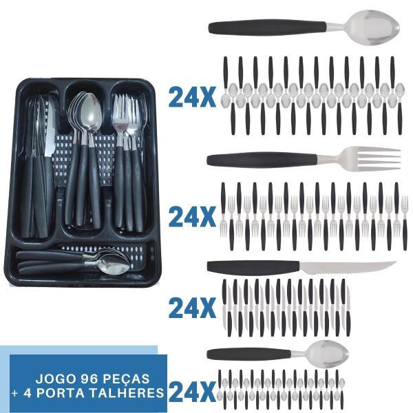 Imagem de Faqueiro 96 Pçs C/ 4 Porta Talheres Preto Aço Inox Berlim