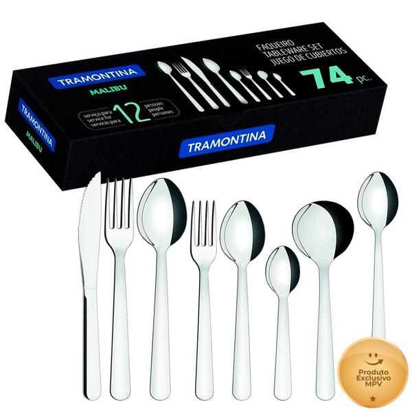 Faqueiro Aço Inox Tramontina Malibu 74 peças Faca Churrasco Faqueiro Aço Inox Tramontina Malibu 74 peças Faca Churrasco