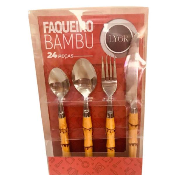 Imagem de Faqueiro Cabo Plastico Bambu Natural  Aço Inox Luxo 24pçs Lyor