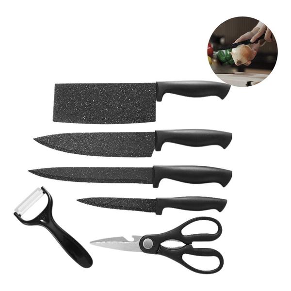 Faqueiro Chef 6 Peças Preto Cozinha Em Aço Inox Churrasco - NFDJ