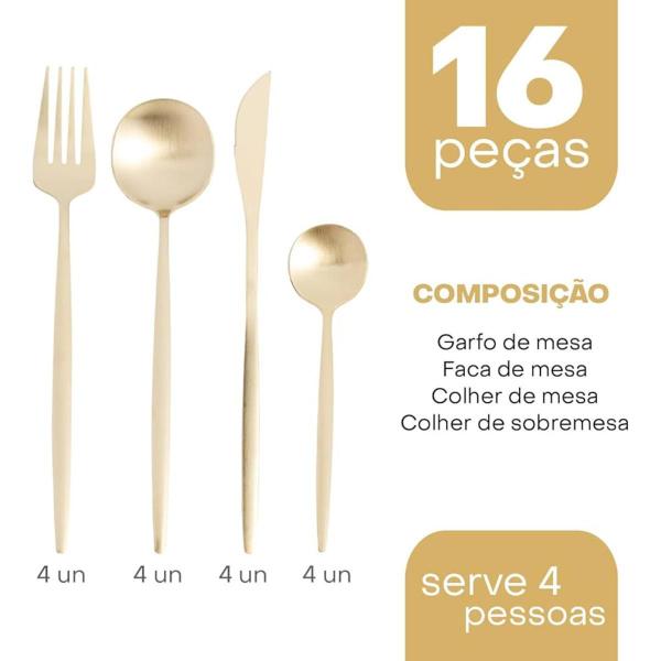 Imagem de Faqueiro Dourado Ópera Lyor 16 peças Conjunto Talheres Completo Jantar Luxo