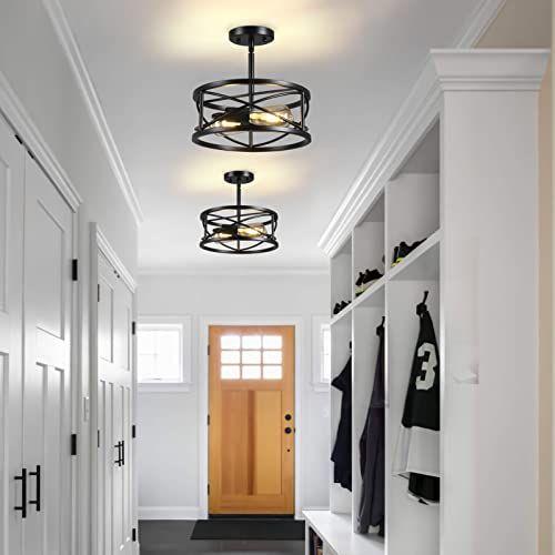 Imagem de Farmhouse Semi Flush Mount Ceiling Light, D11.8 Inches Black Industrial Sloped Ceiling Light Fixtures Vintage Metal Cage Ceiling Lamp for Kitchen Hallway Entryway Laundry Room Bedroom