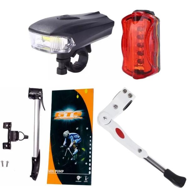 Imagem de Farol Bike + Descanso + Mini Bomba + Suporte Kit Ciclismo