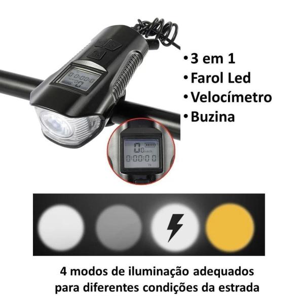 Imagem de Farol de Bike Velocímetro Digital Com Lanterna e Buzina + Sinalizador Traseiro de Bike + Pezinho Descanso Lateral