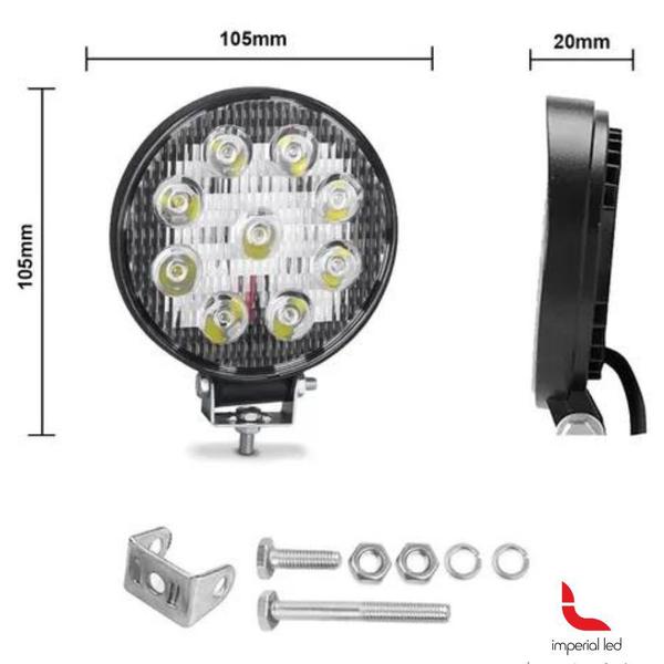 Imagem de Farol de milha forte auxiliar de led 27w redondo 12v 24v 6000k fino