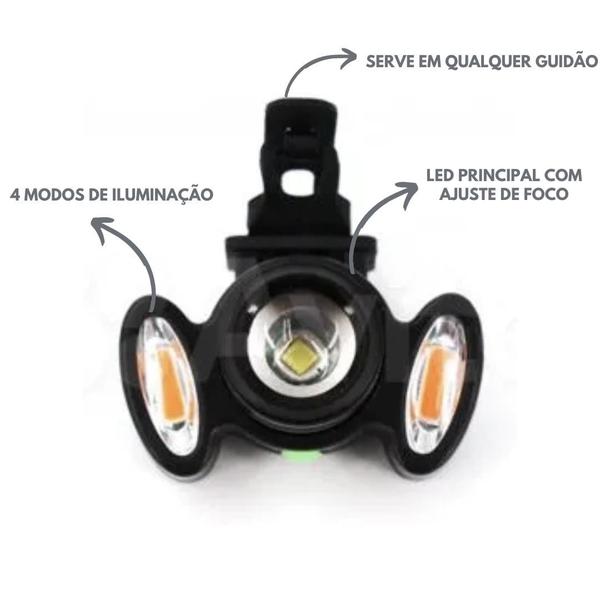 Imagem de Farol Frontal Lanterna de Bike 3 Focos Led Zoom Recarregável