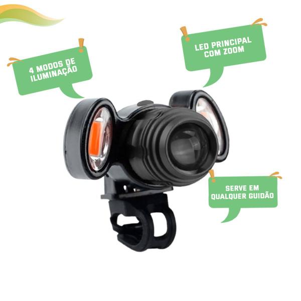 Imagem de Farol Lanterna Bike 3 Focos LED T6 Com Zoom Recarregável