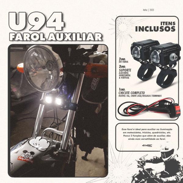 Imagem de Farol Milha Moto U94 20W - Luz 3000k e 6000K + Devil Eyes + Flash + Chicote com Botão - Par