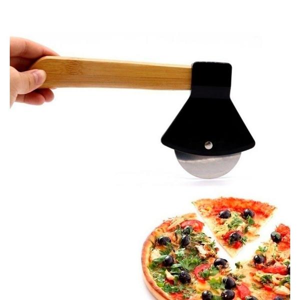 Imagem de Fatiador De Pizza Machadinha Aço Inox Cabo Bambu 21cm Clink