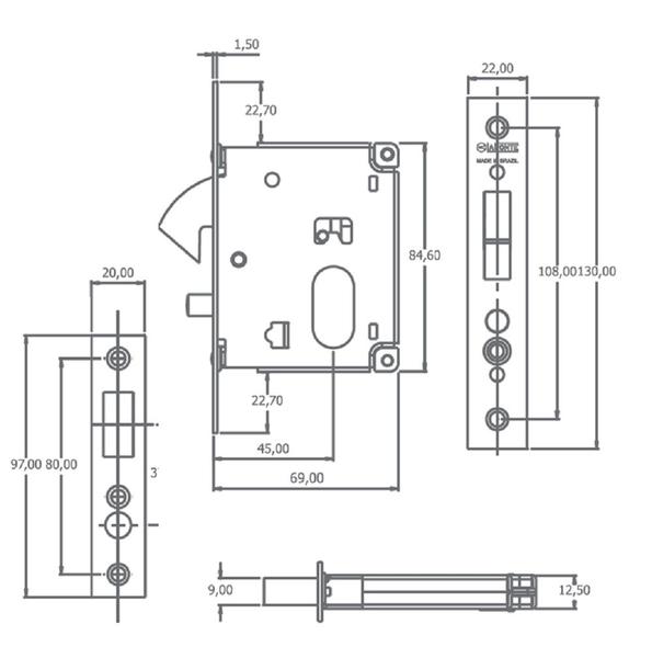 Imagem de Fechadura 222N 45mm Para portas De correr - Bico de Papagaio LaFonte