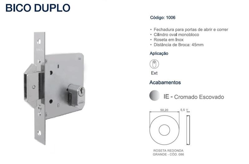 Imagem de Fechadura Auxiliar Arouca Externa Bico Duplo Inox Escovado