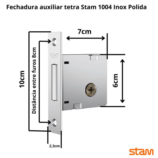 Imagem de Fechadura auxiliar trava com 4 chaves tetra Stam inox polido