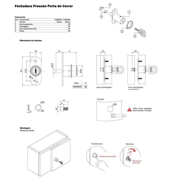 Imagem de Fechadura de Pressão Para Porta de Correr 19 X 22mm Hardt