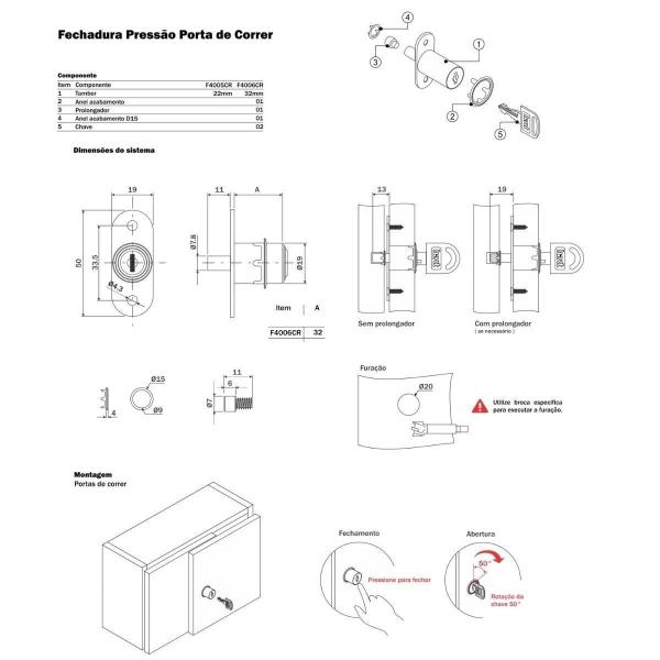 Imagem de Fechadura de Pressão Para Porta de Correr 19 X 32mm Hardt