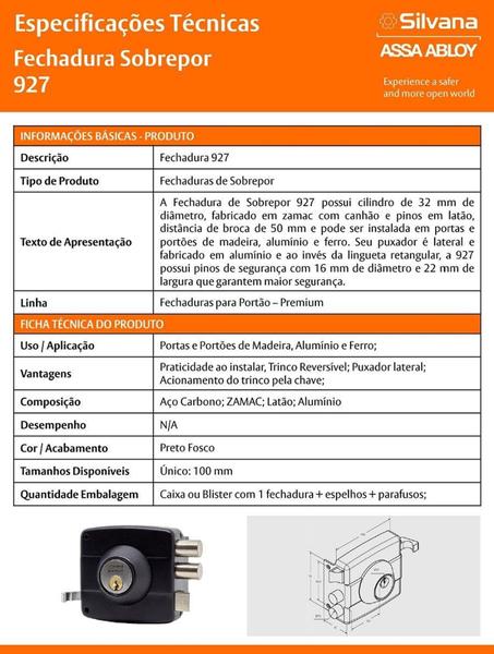 Imagem de Fechadura De Sobrepor Para Portão 927 Preta - Ref.96245 - Silvana