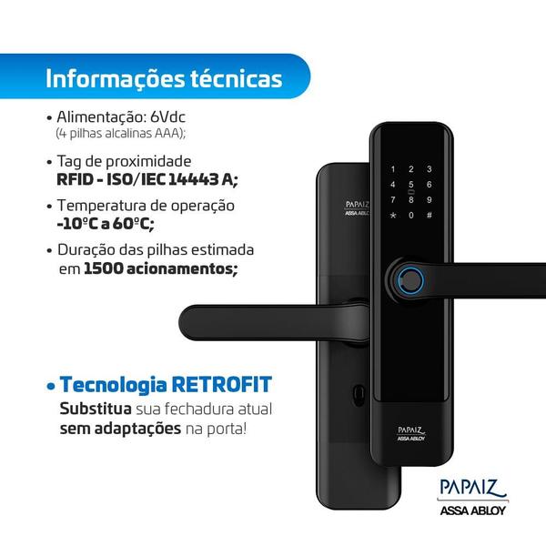Fechadura Digital Biométrica Papaiz SL150 Embutir Touch Senha