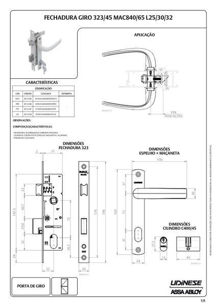 Imagem de Fechadura Giro Udinese Porta Alumínio 323/45 MAC840/65 Preto