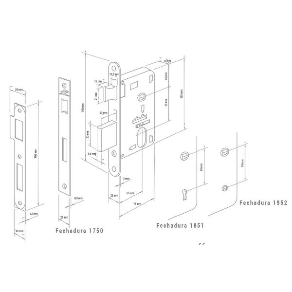 Imagem de Fechadura Hato 2 Interna 55mm Aço Inox Polido M09C9 R0091 IZ1851 XP Imab