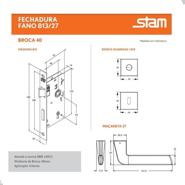 Imagem de Fechadura Interna 813/27 Quadrada Inox Stam