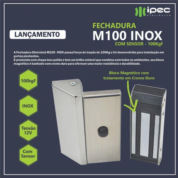 Imagem de Fechadura Magnética Eletroímã M100 Inox Com Sensor Embutido Força 100kg Ipec