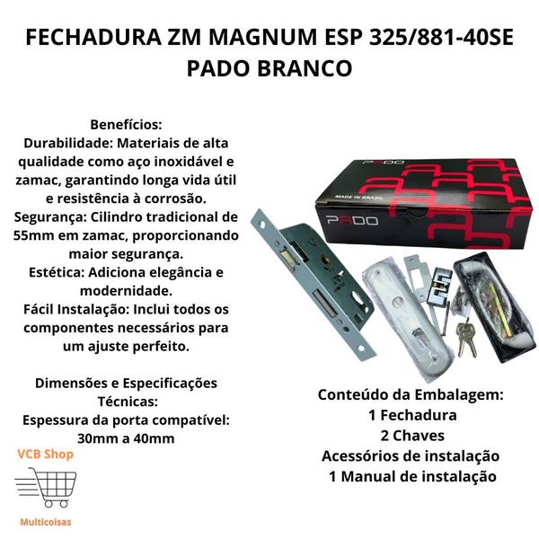 Imagem de Fechadura pado zm magnum esp 325/881-40se branco porta abrir