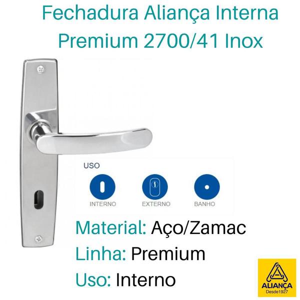 Imagem de Fechadura Para Porta De Madeira Aliança Interna Inox Premium Sala Trinco 2700/41 Maçaneta e Chave