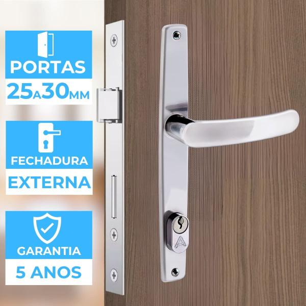 Imagem de Fechadura Para Porta Externa Perfil Estretiro Aço Inox Polido Cromado + Dobradiças Aço Zincado Pino Bola