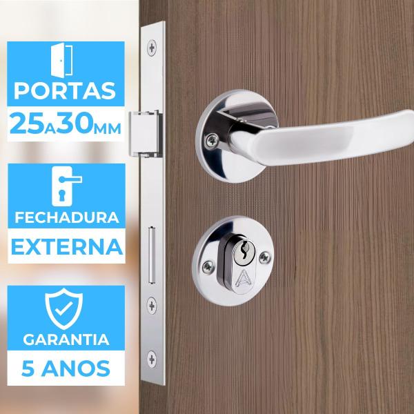 Imagem de Fechadura Para Porta Externa Perfil Redondo Aço Inox Polido Cromado  Aliança  Kit 03 Un