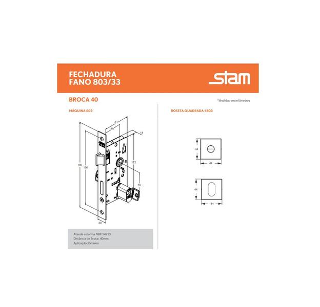 Imagem de Fechadura para porta externa stam 803/33 c/cilindro cromada quadrada 40 mm