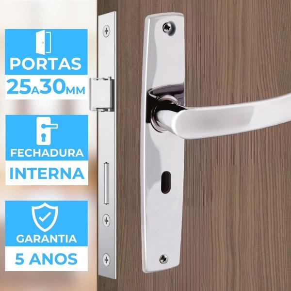 Imagem de Fechadura Para Porta Interna Aço Inox Cromado + Dobradiças