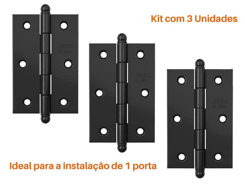 Imagem de Fechadura Porta de Banheiro Preto Fosco Stam 823/21 Roseta Quadrada + 3 Un Dobradiça Preta para Portas