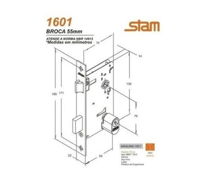 Imagem de Fechadura Porta Madeira Stam 1601/35 Roseta Quadrada 55mm