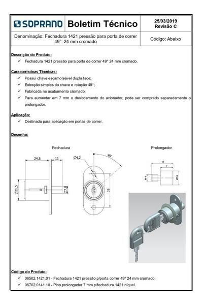 Imagem de Fechadura Pressão Porta Correr Escamoteável 1421 24,5mm