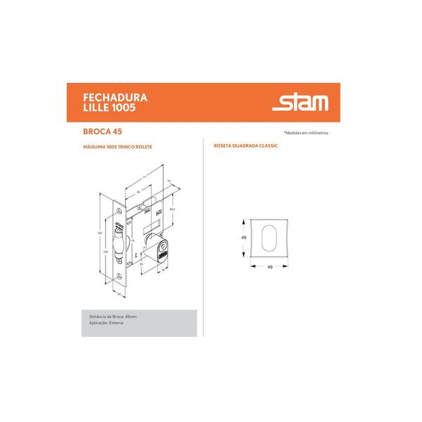 Imagem de Fechadura rolete pivotante stam 1005 rosê quadrada 45 mm c/ cilindro miolo tambor