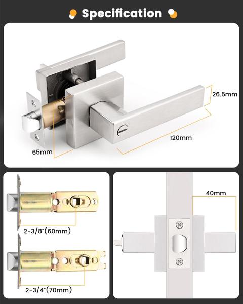 Imagem de Fechaduras da porta de privacidade de níquel quadrado quadrado 3 pacotes de cetim, alavancas de porta interior quadradas para cama/banho, botão de virar o polegar dentro