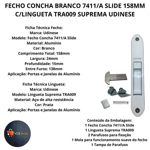 Imagem de Fecho concha branco 7411/a slide 158mm c/lingueta suprema tra009 janela porta aluminio udinese